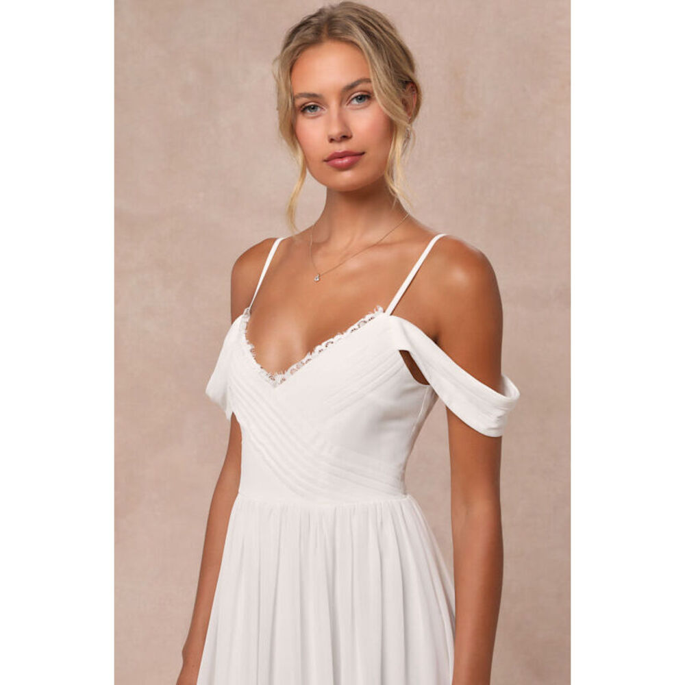 Lulus Marcelyn White Pleated Cold-shoulder Maxi Dress - Size L